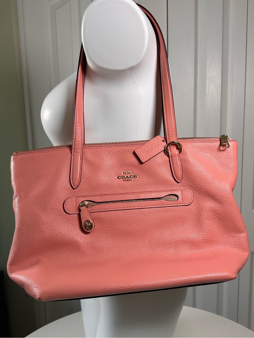 Coach Pebbled Leather Tote in Coral